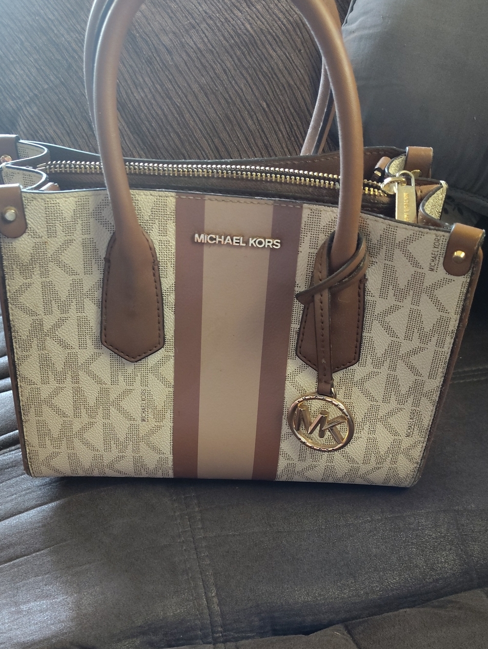 Michael Kors Beige and Brown Striped Logo Satchel